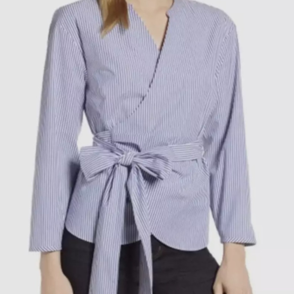 J. Crew Blue and White 3/4 Sleeve Wrap Blouse